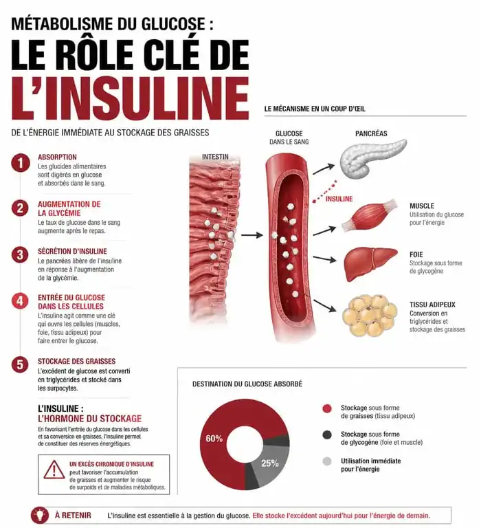 Schéma explicatif du métabolisme du sucre et de l'insuline pour comprendre si le sucre fait grossir