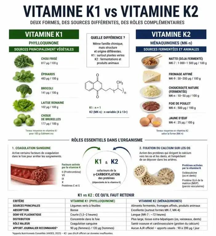 Infographie sur les sources et les bienfaits des aliments riches en vitamine K1 et K2