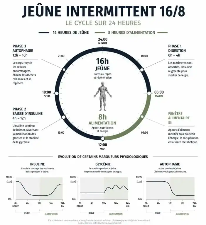 Infographie explicative du fonctionnement du jeûne intermittent 16/8 et ses effets sur le métabolisme