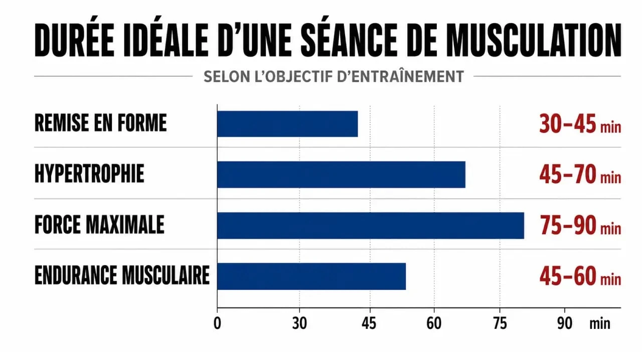 Infographie sur la durée idéale d'une séance de musculation selon les objectifs d'entraînement