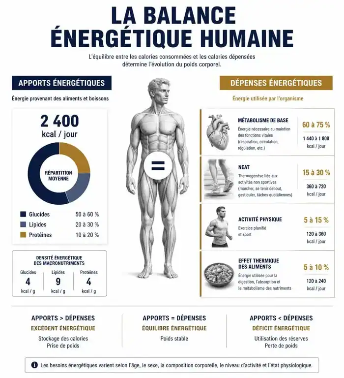 Schéma explicatif du principe du déficit calorique et de la balance énergétique pour la perte de poids