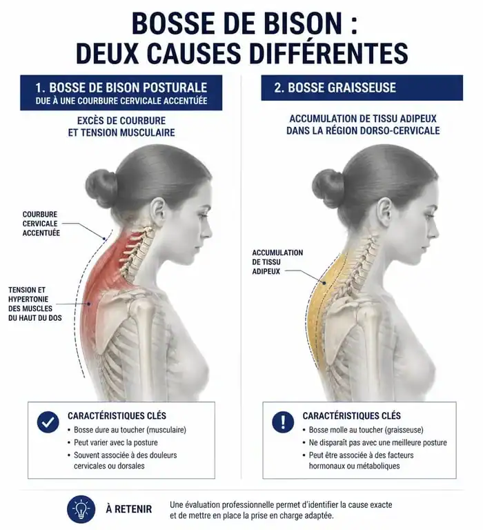 Schéma comparatif entre bosse de bison posturale et graisseuse pour ostéopathie