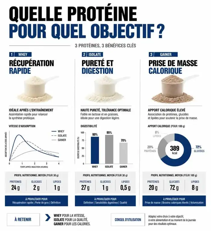 Comparatif des types de protéines pour la prise de masse : Whey, Isolate et Gainer