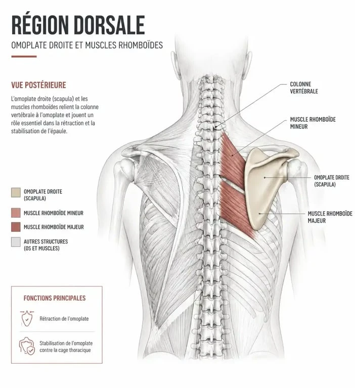 Schéma anatomique montrant l'omoplate droite et les muscles associés pour comprendre l'origine d'une douleur omoplate droite.