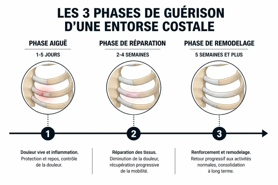 Schéma des phases de guérison d'une entorse costale : durée et évolution des symptômes