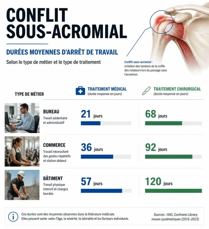 Infographie des durées d'arrêt de travail pour un conflit sous-acromial selon le métier et le traitement