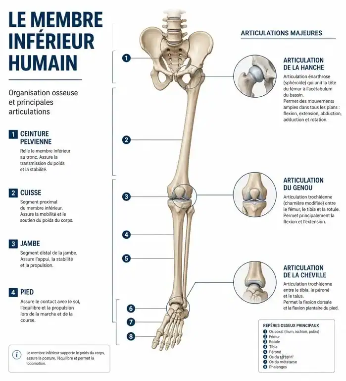 Schéma anatomique détaillé du membre inférieur du corps humain et ses articulations