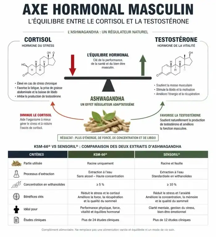 Infographie sur les bienfaits de l'ashwagandha pour les hommes : régulation hormonale et comparaison des extraits KSM-66 et Sensoril