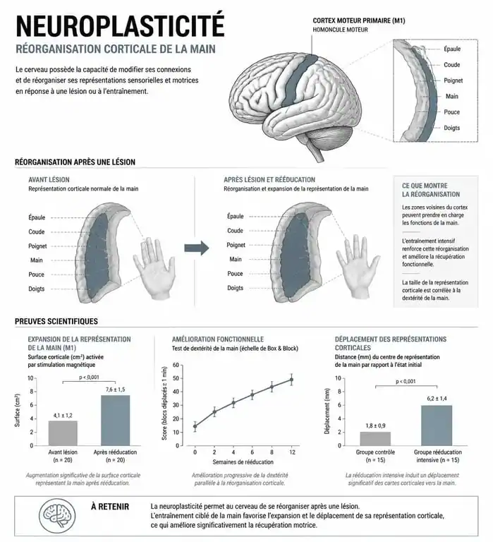 Schéma illustrant la neuroplasticité et la réorganisation corticale dans le cadre des séquelles d'une algodystrophie de la main.