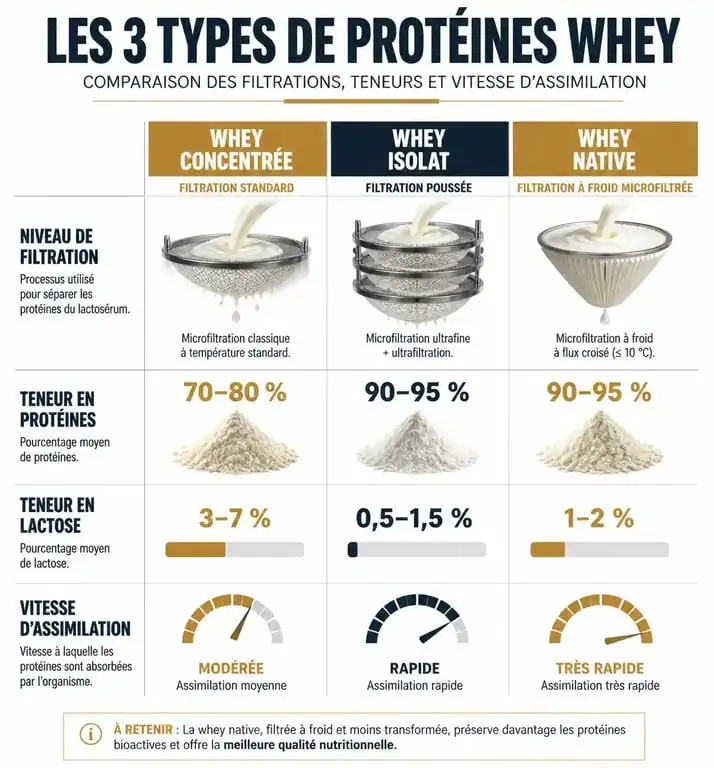 Infographie comparative des types de whey : concentrée, isolat et native pour choisir sa protéine.