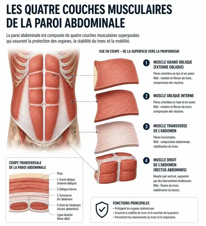 Schéma anatomique des muscles abdominaux antéro-latéraux montrant les différentes couches musculaires