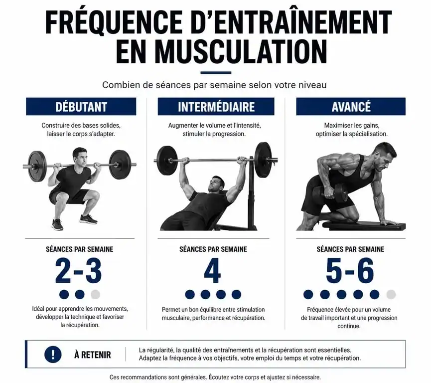 Infographie sur la fréquence d'entraînement en musculation selon le niveau et les objectifs pour progresser efficacement.