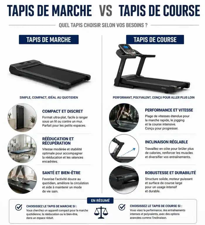 Comparatif visuel entre tapis de marche et tapis de course pour choisir son équipement de fitness