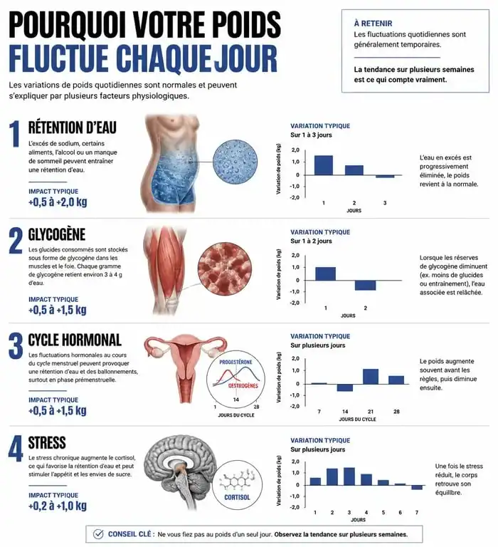 Infographie explicative des causes des variations de poids lors de la pesée quotidienne