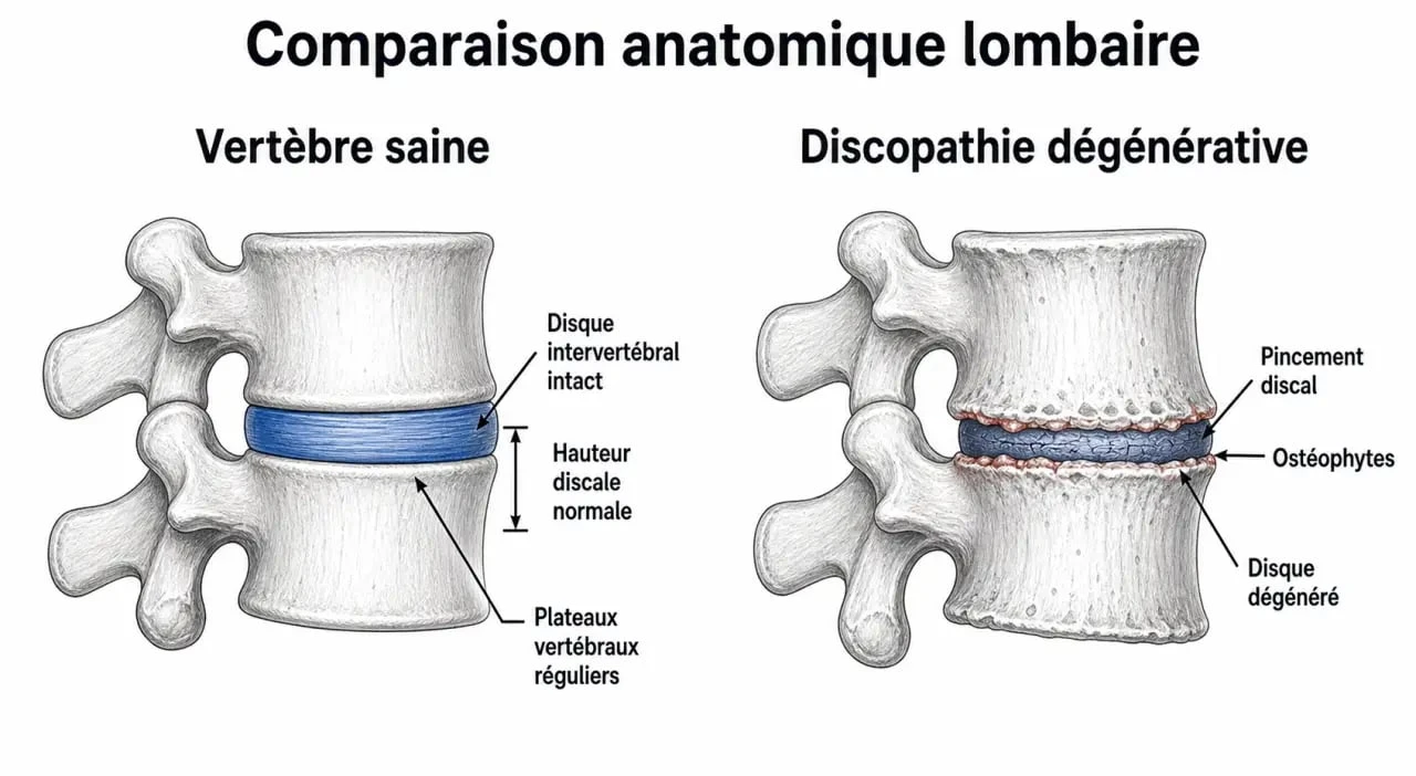 Schéma anatomique comparatif d'une discopathie dégénérative lombaire montrant le pincement discal