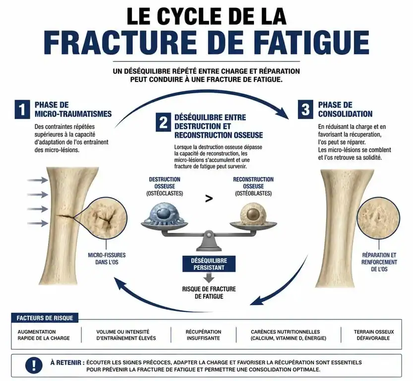 Infographie explicative du processus de fracture de fatigue et étapes de guérison osseuse pour les travailleurs.