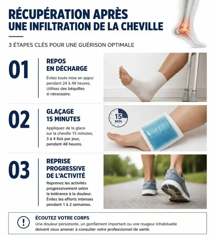 Infographie sur les étapes de récupération après une infiltration de la cheville et arrêt de travail