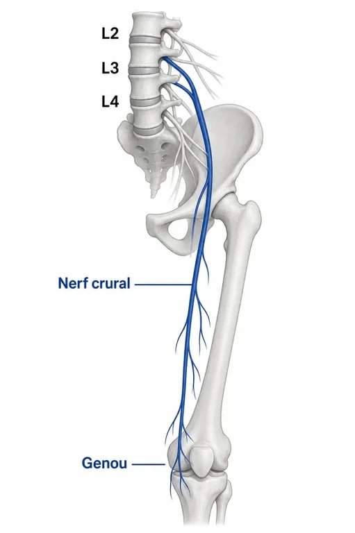 Schéma explicatif du trajet du nerf crural et de la douleur au genou liée à la cruralgie