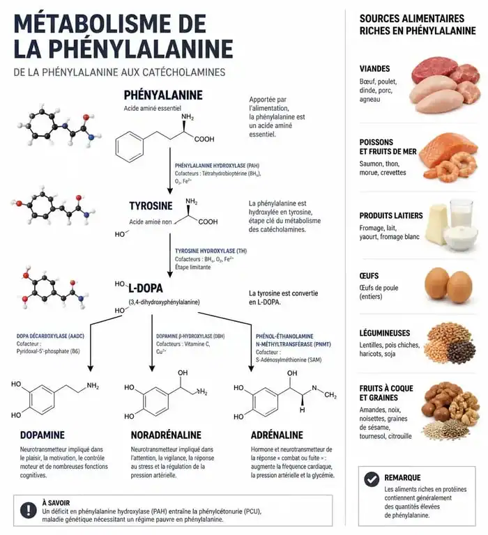 Infographie sur le métabolisme de la phénylalanine et les aliments riches en phénylalanine pour la santé.