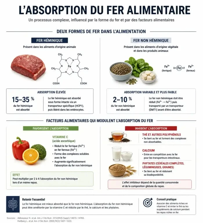 Infographie sur l'absorption du fer alimentaire et les aliments pour manque de fer