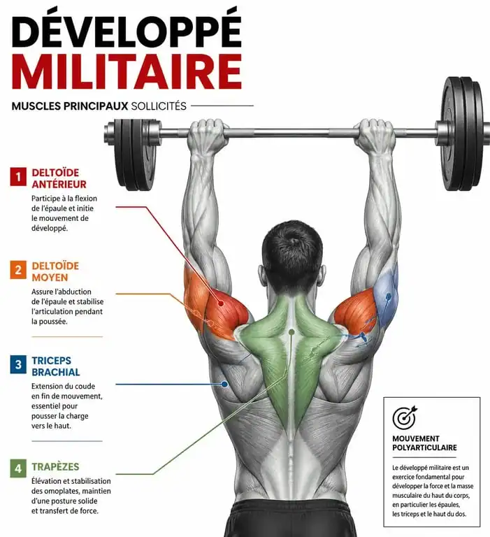 Schéma des muscles sollicités lors du développé militaire