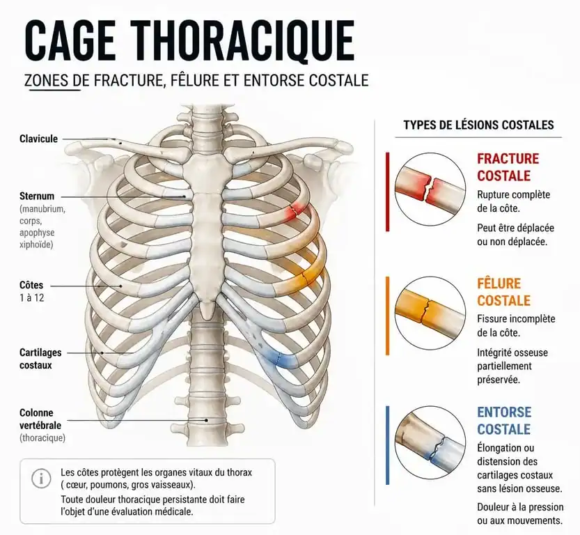 Schéma explicatif des types de douleur aux côtes après chute : fracture, fêlure et entorse