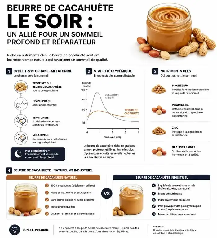 Infographie sur les bienfaits et conseils pour manger du beurre de cacahuète le soir pour un meilleur sommeil