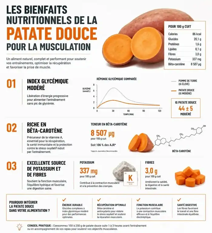 Infographie des bienfaits nutritionnels de la patate douce pour la musculation