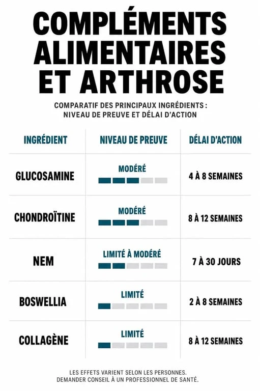 Infographie comparative des meilleurs compléments alimentaires contre l'arthrose : efficacité et délais d'action des actifs naturels.
