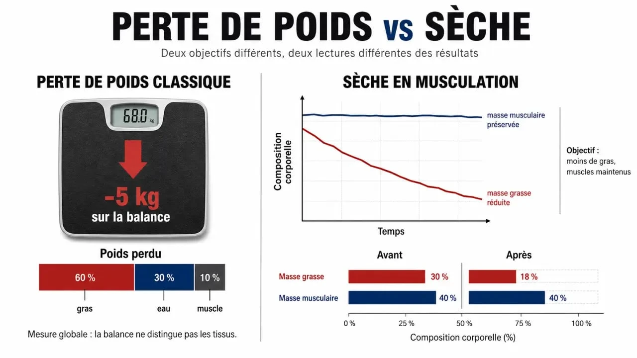 Infographie expliquant la différence entre perte de poids et sèche en musculation pour réussir sa sèche.