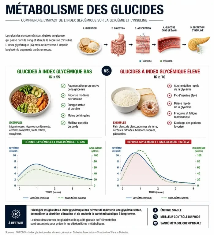 Infographie sur le métabolisme des glucides et l'impact des index glycémiques sur la prise de poids