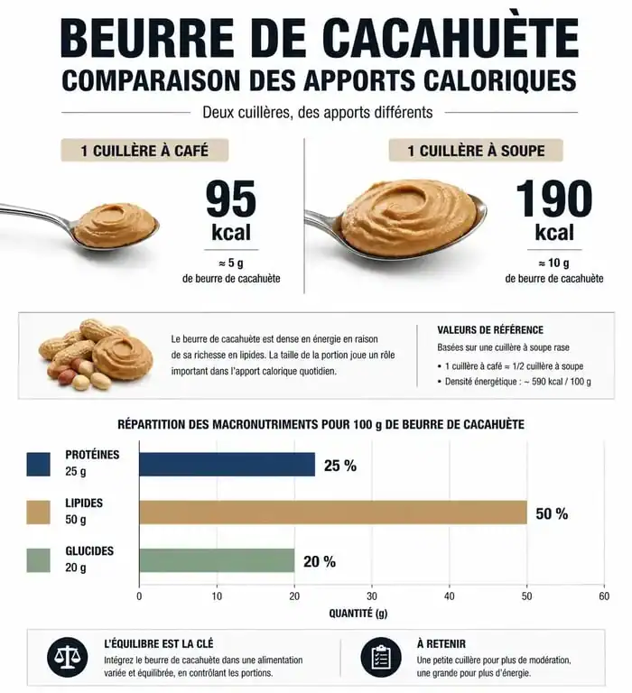 Infographie comparative des calories et valeurs nutritionnelles pour 1 cuillère de beurre de cacahuète