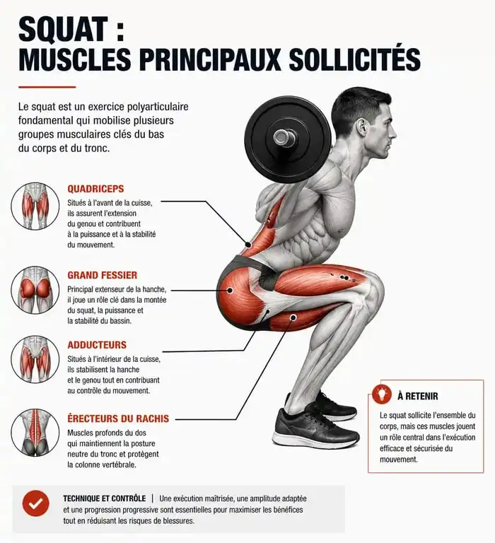 Schéma des muscles sollicités lors du squat : quadriceps, fessiers et chaîne postérieure