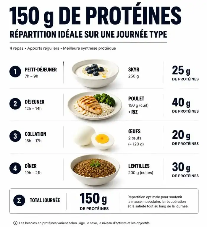 Infographie sur la répartition journalière de 150 g de protéines pour une alimentation équilibrée