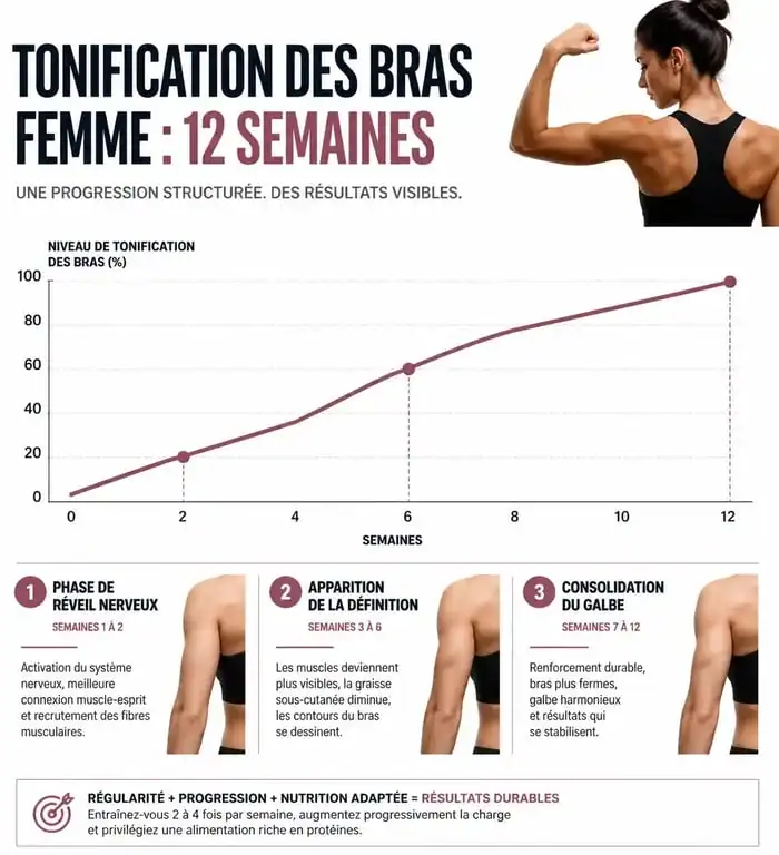 Infographie sur le temps nécessaire pour se muscler les bras femme et obtenir des résultats visibles