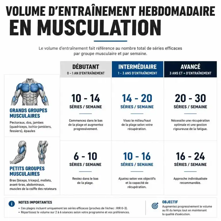 Tableau récapitulatif du nombre de séries par muscle par semaine selon le niveau en musculation