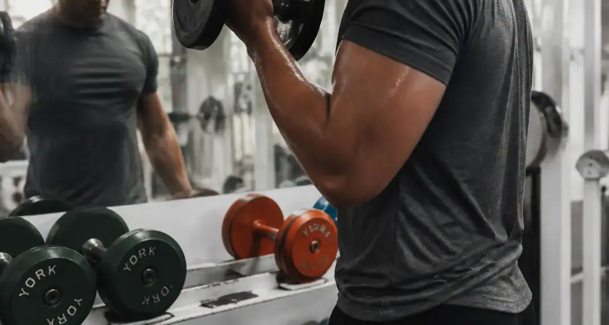 exercice bicep avec haltere devant miroir