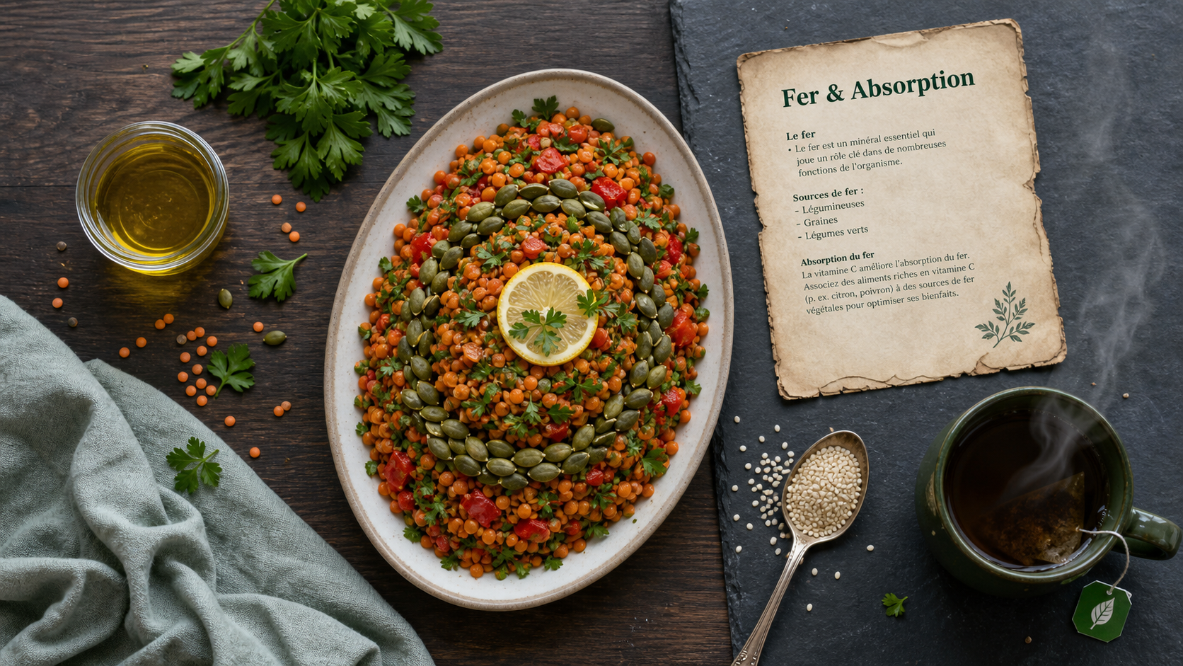 Liste d aliments riche en fer : salade de lentilles corail et graines de courge