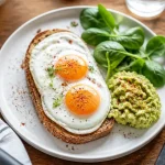 Oeufs au plat proteines : poêle et tartine, vue 90°