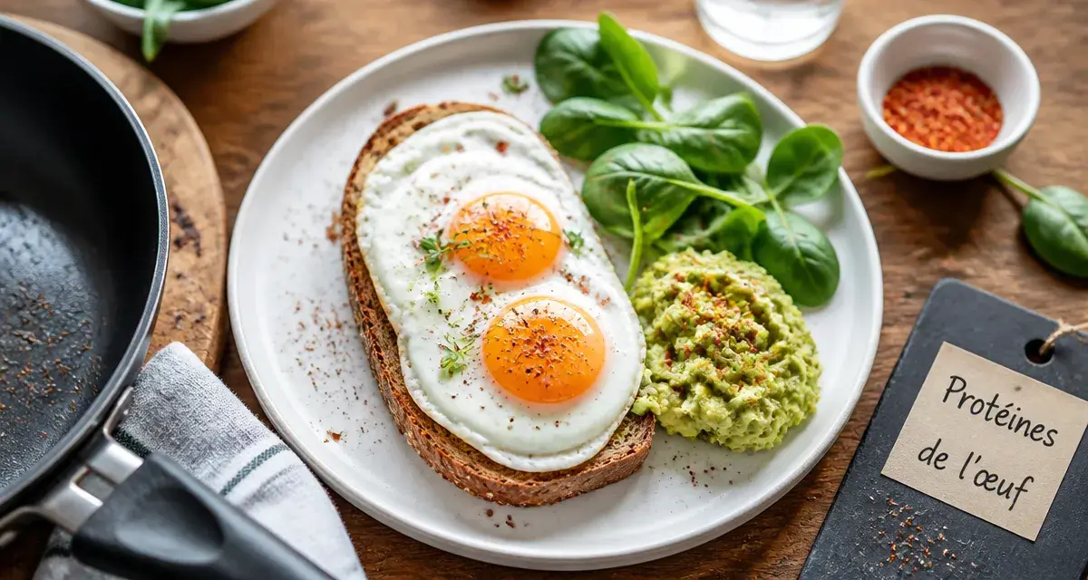 Oeufs au plat proteines : poêle et tartine, vue 90°
