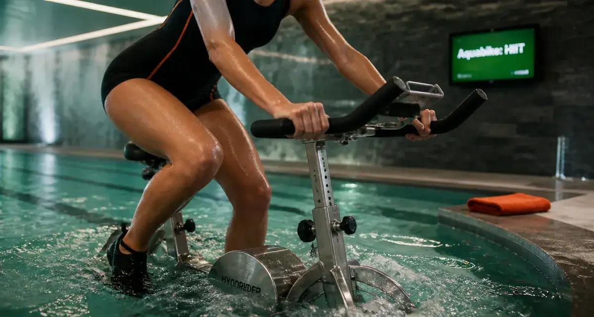 Séance aquabike : posture sur aquabike en piscine intérieure