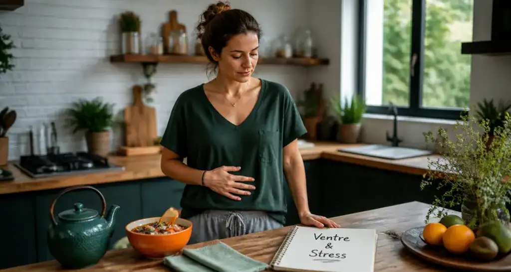 Taux de cortisol eleve et ventre gonfle femme main sur ventre cuisine