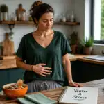 Taux de cortisol eleve et ventre gonfle femme main sur ventre cuisine