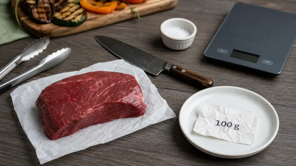 Combien de proteine dans 100g de viande rouge : 100 g de rumsteck maigre cru sur balance