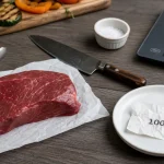 Combien de proteine dans 100g de viande rouge : 100 g de rumsteck maigre cru sur balance