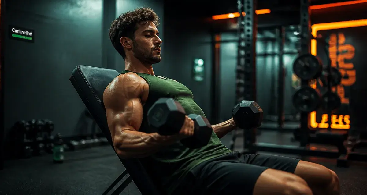 Curl incliné haltères pour biceps sur banc 45°