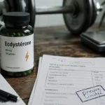 Ecdystérone danger : flacon de gélules et documents de laboratoire