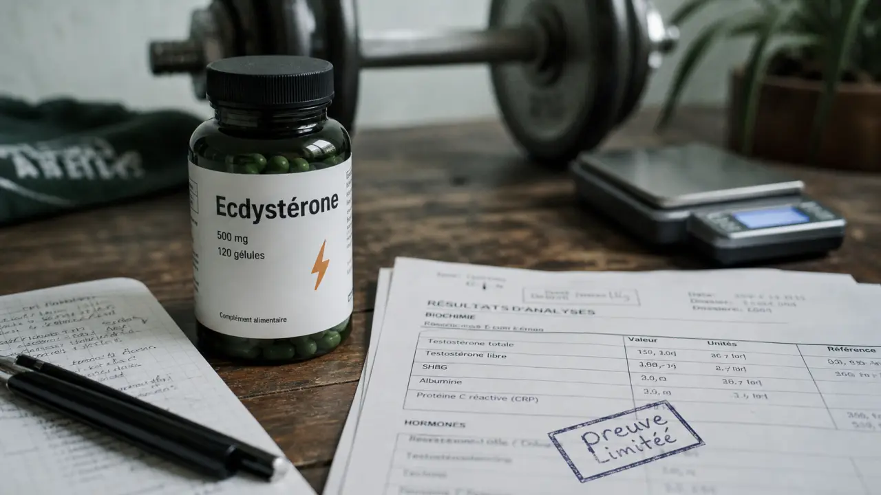 Ecdystérone danger : flacon de gélules et documents de laboratoire