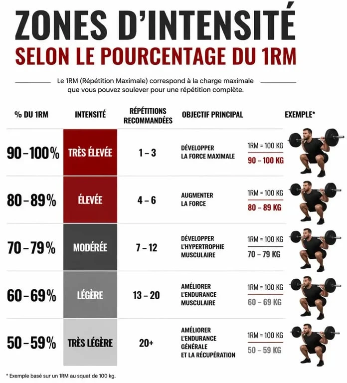 Tableau des zones d'entraînement en fonction du pourcentage du 1 repetition maximum