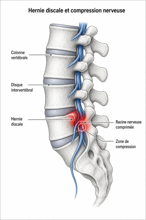 Schéma anatomique d'une hernie discale comprimant un nerf pour comprendre le massage hernie discale